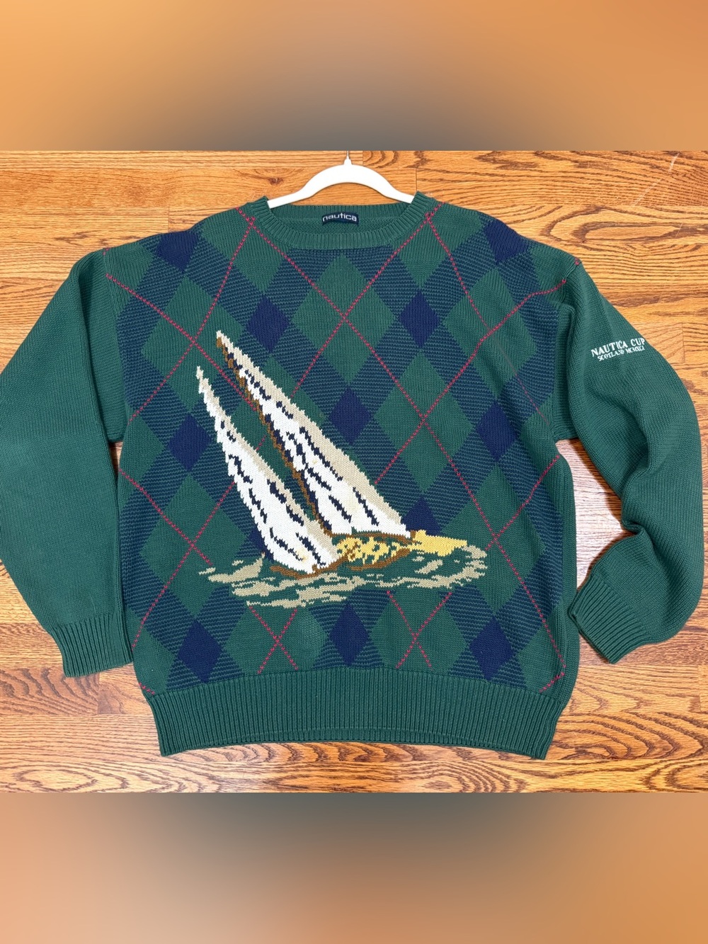 VTG 90s Nautica Cup Scotland Sweater Mens Large Green Argyle Sailboat Knit L